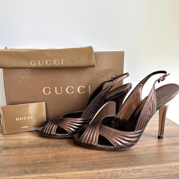 GUCCI NEW 8.5 38.5 Sand Pelle S. Cuoio Nappa Silk Brown Bronze Heel Sandals Peep - Picture 1 of 10